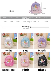 Detailed size guide for toddler unicorn backpack with six color variants in PU leather