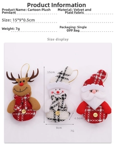 Detailed size specifications for cartoon Christmas plush ornaments including Santa and Reindeer