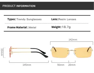 Detailed size specifications for rimless square vintage metal sunglasses with measurements