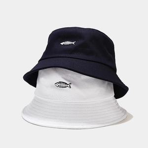 Fishbone Embroidery Cotton Bucket Hat Sun Protection Harajuku Retro Style Fisherman Hat For Men Women Summer Outdoor