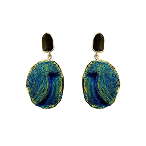 Vintage oval earrings with blue-green oil painting texture and golden metal frames