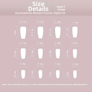 Size guide for French press on nails showing 12 different short T-shaped tip dimensions
