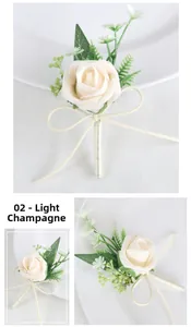 Detailed close-up of light champagne PE rose boutonniere with silk ribbon and berries