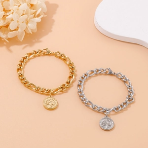 Chunky stainless steel chain bracelet with tree of life coin pendant in gold and silver