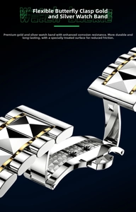 Macro shot of two-tone stainless steel watch band with folding butterfly clasp detail