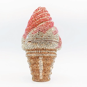 Detailed macro view of pink gradient rhinestones on ice cream clutch evening bag