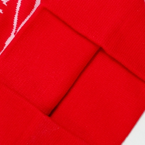 Macro view of red ribbed knit beanie fabric with detailed white embroidery patterns