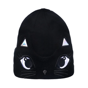 Berretto in maglia nera da donna con orecchie olografiche 3D e ricamo a forma di gatto