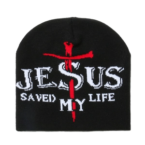 Bonnet d'hiver noir avec jacquard croix rouge et texte tricoté Jesus Saved My Life