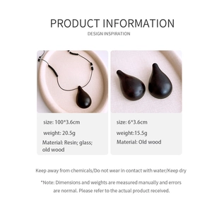 Detailed size and material specs for the resin water drop pendant necklace and wood beads