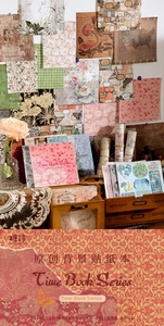 Dettaglio di collezione carta vintage per scrapbooking con motivi floreali e retrò