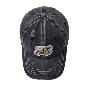 Distressed charcoal grey wash denim baseball cap with I do Crew embroidery patch