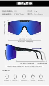 Detailed sizing chart and specifications for polarized sports sunglasses with dimensions
