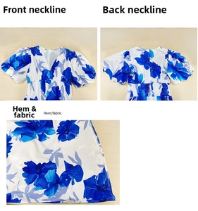 Detailed views of V-neckline, back zipper, and floral fabric of summer A-line dress