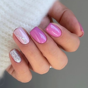 Glossy Short Square Press On Nails Purple Pink Silver Glitter False Nails For Women Daily Manicure