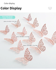 Detailed view of 12pcs hollow rose gold 3D butterfly wall stickers in three varied sizes