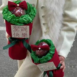 Christmas apple bouquet with red velvet wrap, pearl bow, and Merry Christmas card