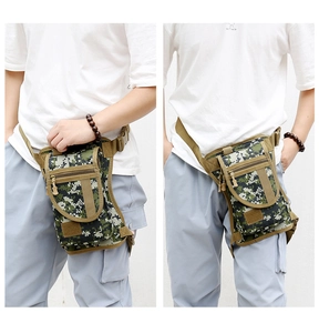 Digital camouflage tactical leg bag with multiple pockets and adjustable straps for hiking
