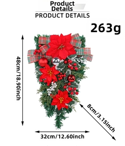 Detailed size chart of Christmas teardrop swag with red poinsettia and dimensions