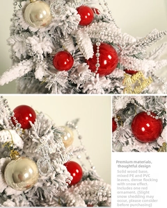 Detail of flocked mini Christmas tree with PE-PVC needles and solid wood base stand