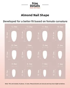 Size chart for almond-shaped press-on nails featuring 24 pieces in 12 different sizes