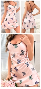 Detailed views of pink butterfly print silk nightgown with crisscross back straps