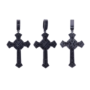 Hip hop cross pendant necklace with black zircons in front, side and back views