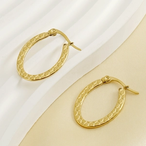 Minimalist 18K gold plated oval hoop earrings with textured hammered finish for women