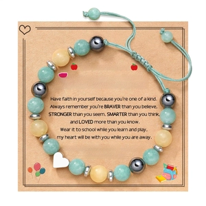 Stone bead heart bracelet on First Day of 1st Grade card for student gift