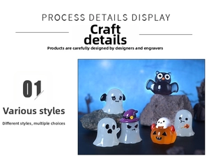 Detailed view of luminous Halloween resin figurines including ghost, owl and pumpkin