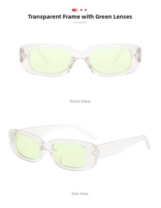 Detailed front and side views of vintage rectangular sunglasses with transparent green lenses
