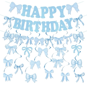Happy Birthday Banner And Bow Hanging Swirls Glitter Paper Garland For Party Decoration Birthday Event Props