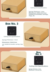 Detailed technical diagram showing sizes for drawer jewelry boxes from 8cm to 10cm