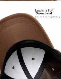 Detail of soft cotton sweatband inside brown baseball cap with moisture-wicking fabric