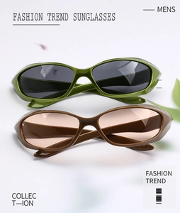 Detail view showing army green and brown Y2K polygon sunglasses with PC plastic frames