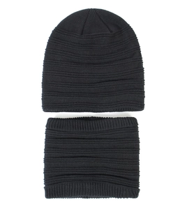 Detail of black knitted beanie and neck warmer set with ribbed stripe texture