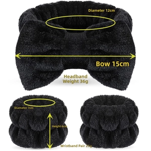 Detailed size chart for black plush bow spa headband and matching wristbands set