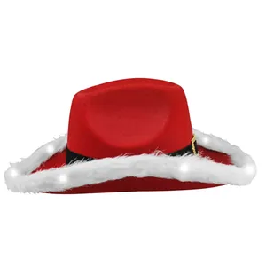 Festive red Christmas cowboy hat with LED lights, white faux fur trim, and black belt buckle