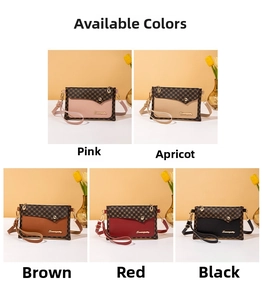 Detail showing five color options of printed square crossbody bags with logo and strap