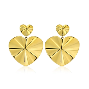Vintage golden heart earrings with radiant pleated texture and layered double heart design