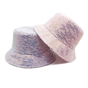 Sparkly sequins tweed bucket hat for women in pastel pink and purple summer sun protection