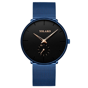 Detail of blue mesh band watch with black dial and rose gold markers by YOLAKO