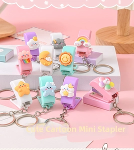 Mini macaron stapler set with cute cartoon charms and metal keychains for students