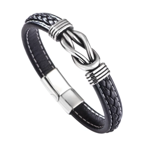 Bracciale da uomo in pelle nera intrecciata con nodo infinito in acciaio e chiusura magnetica