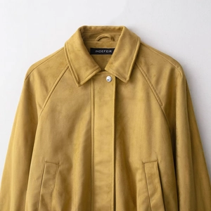Mustard yellow faux suede jacket with lapel collar and silver metal button detail