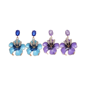 Floral oval enamel earrings with crystals in blue and purple vintage style