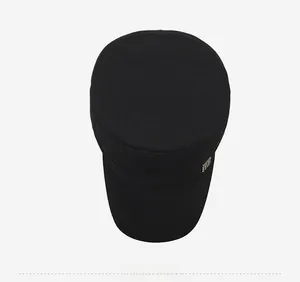 Top down view of black cotton flat top army cap featuring side metal plate detail
