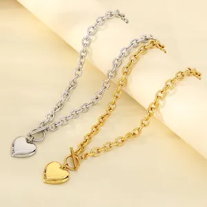 Stainless Steel Heart Pendant Necklace Polished Mirror Surface Thick Cable Chain Toggle Clasp Fashion Jewelry For Women