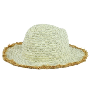 Close-up of beige straw sun hat featuring brown fringed edges and spiral weave pattern