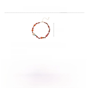 Detail of beaded necklace showing natural agate, ceramic, wood beads, and steel chain